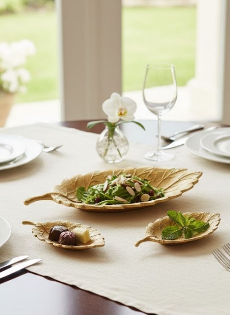 Premium Gold Leaf Serving Tray Set – 3 Pcs Decorative Metal Leaf Plates for Snacks & Sweets - Image 2